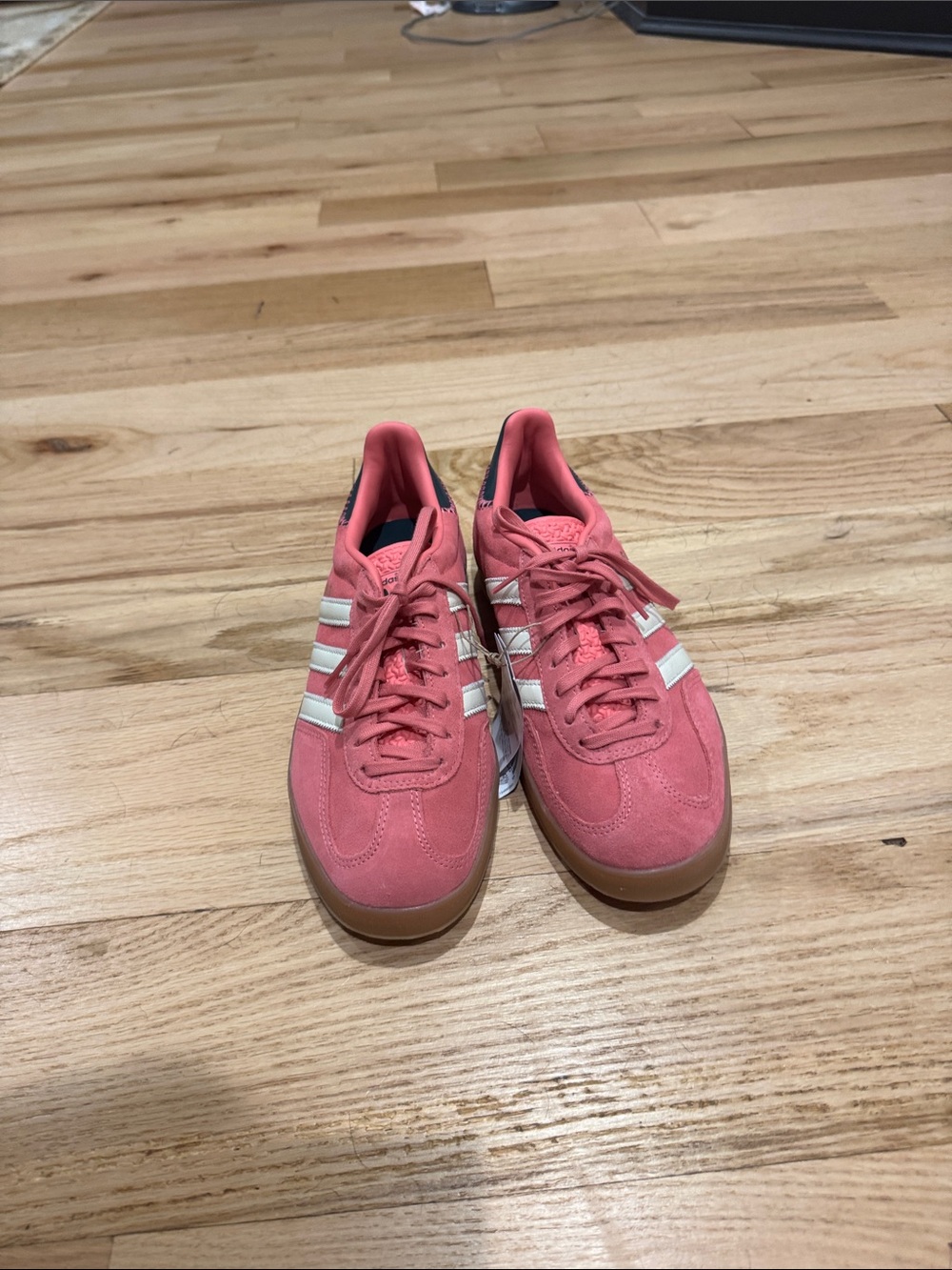 Adidas Women’s Coral Pink Suede Sneakers with White Stripes Gazelle